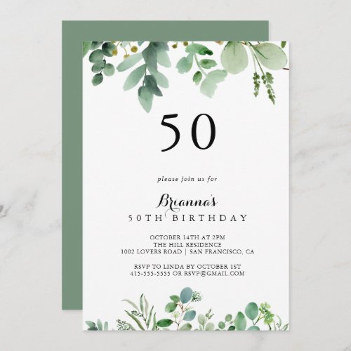 Green Eucalyptus Calligraphy 50th Birthday Party Invitation