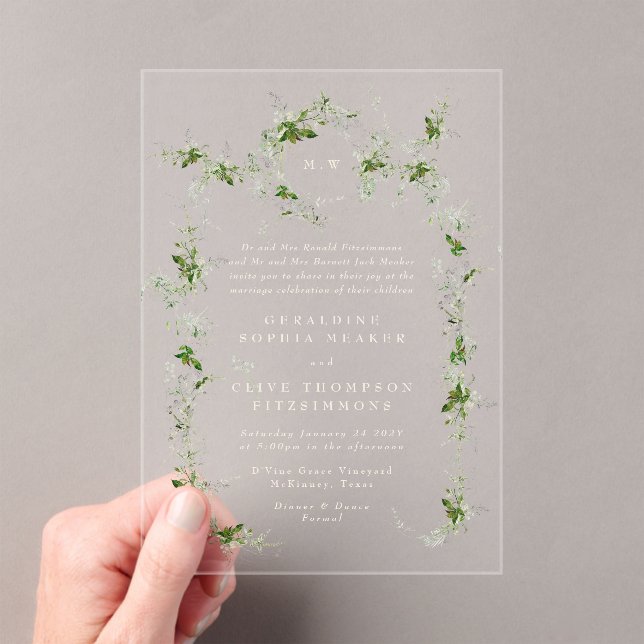 Green Eucalyptus Cream Wreath Monogram Wedding Acrylic Invitations (Insitu (Handheld))