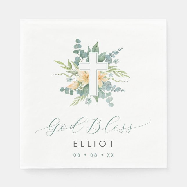 Green Eucalyptus Cross God Bless Baptism Napkins (Front)
