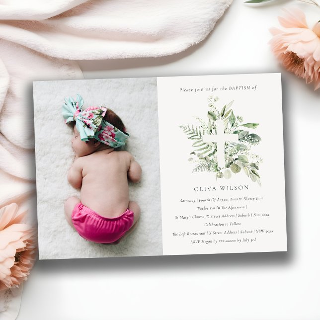 Green Eucalyptus Fauna Cross Photo Baptism Invite (Creator Uploaded)