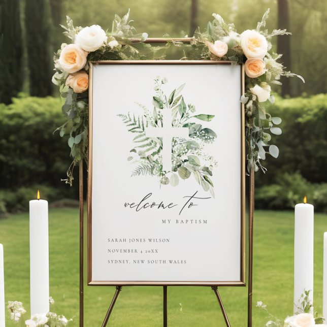 Green Eucalyptus Fern Fauna Cross Baptism Welcome Foam Board (Creator Uploaded)