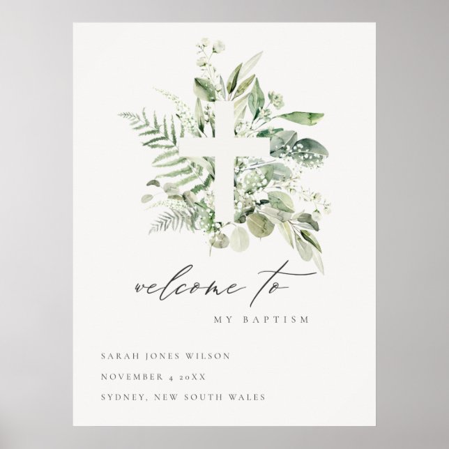Green Eucalyptus Fern Fauna Cross Baptism Welcome Poster (Front)