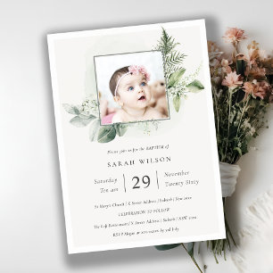 Green Eucalyptus Fern Foliage Photo Baptism Invite