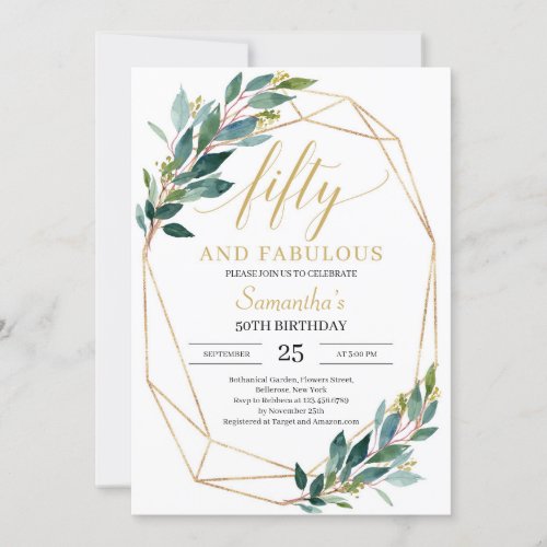 Green eucalyptus fifty and fabulous 50th birthday invitation