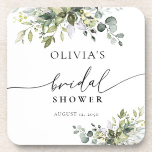 Green Eucalyptus Floral Bridal Shower Beverage Coaster