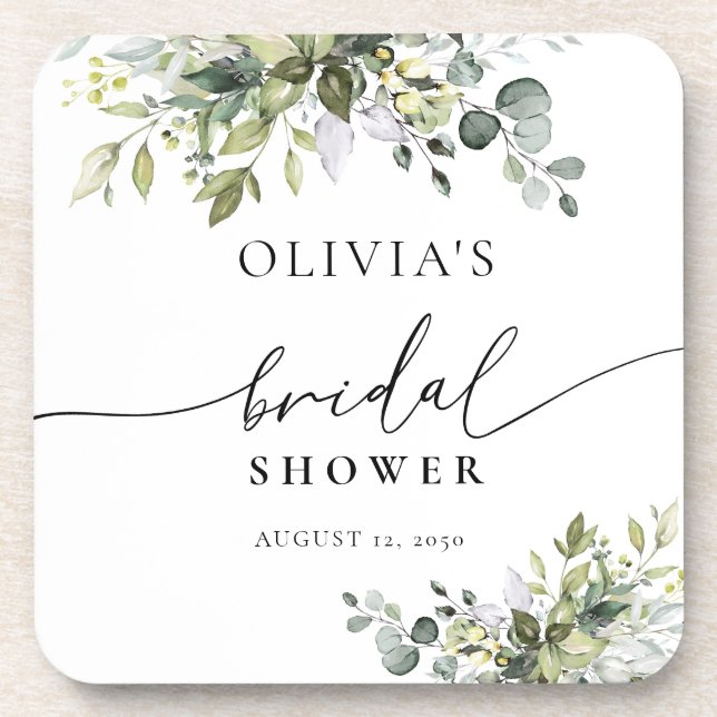 Green Eucalyptus Floral Bridal Shower Beverage Coaster (Front)