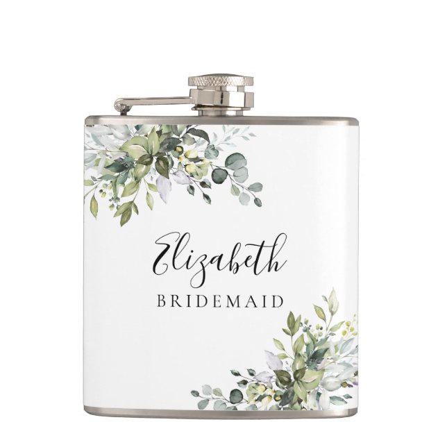 Green Eucalyptus Floral Bridal Shower Flask (Front)