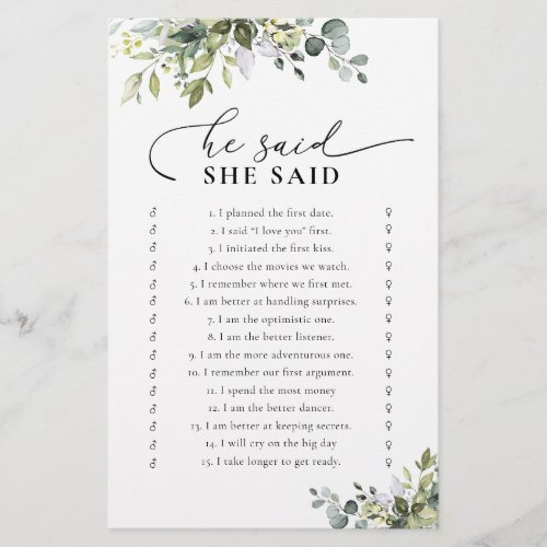 Green Eucalyptus Floral Bridal Shower Game