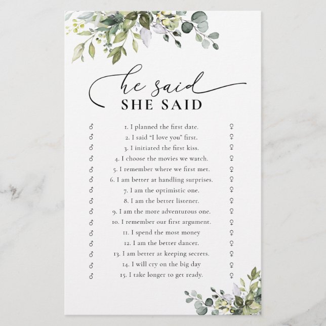 Green Eucalyptus Floral Bridal Shower Game (Front)