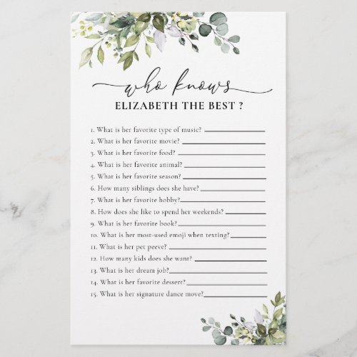 Green Eucalyptus Floral Bridal Shower Game