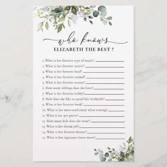 Green Eucalyptus Floral Bridal Shower Game (Front)