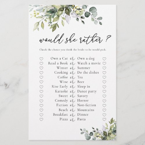 Green Eucalyptus Floral Bridal Shower Game