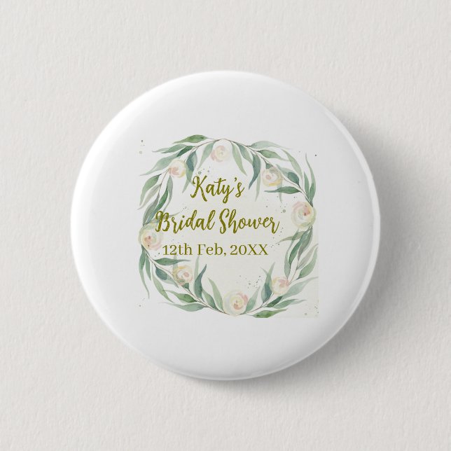 Green eucalyptus floral bridal shower name date go button (Front)