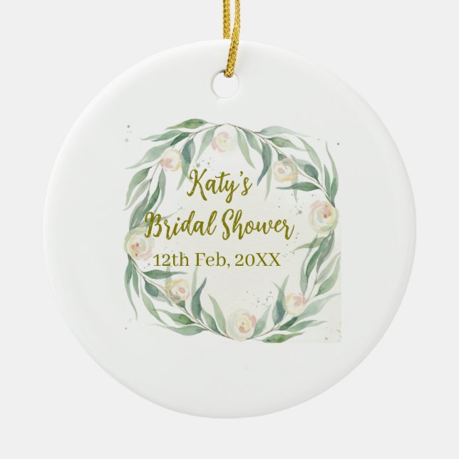 Green eucalyptus floral bridal shower name date go ceramic ornament (Front)