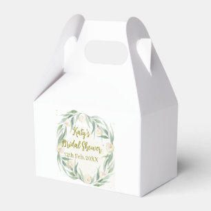 Green eucalyptus floral bridal shower name date go favor boxes