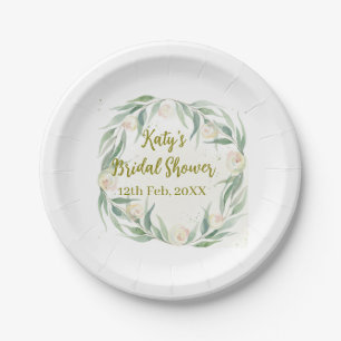 Green eucalyptus floral bridal shower name date go paper plates