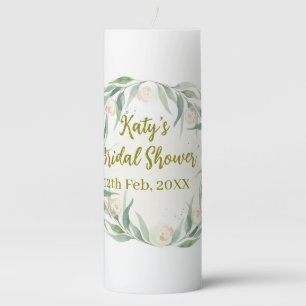 Green eucalyptus floral bridal shower name date go pillar candle