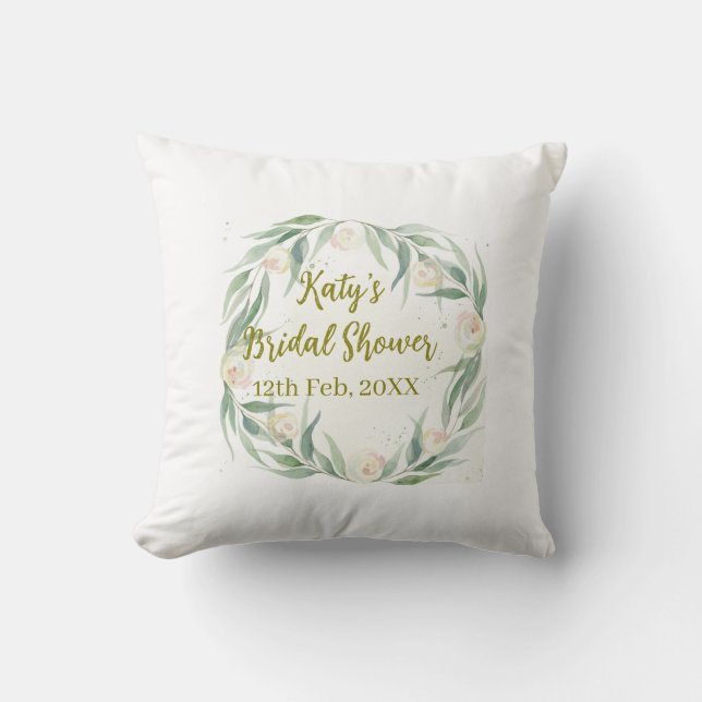Green eucalyptus floral bridal shower name date go throw pillow (Front)
