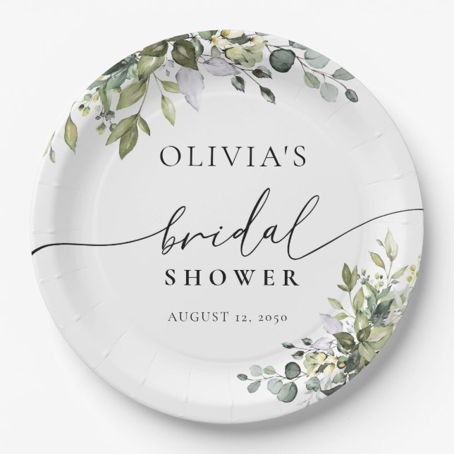 Green Eucalyptus Floral Bridal Shower  Paper Plates (Front)