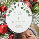 Green eucalyptus foliage baby baptism photo  ceramic ornament<br><div class="desc">Watercolor eucalyptus greenery leaves and a classy handwritten style calligraphy script making a beautiful boy or girl baptism personalized Christmas keepsake white tree ornament.</div>