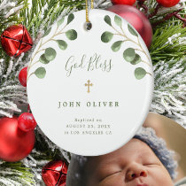 Green eucalyptus foliage baby baptism photo  ceramic ornament