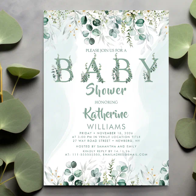 Green Eucalyptus Foliage Baby Shower Invitation | Zazzle