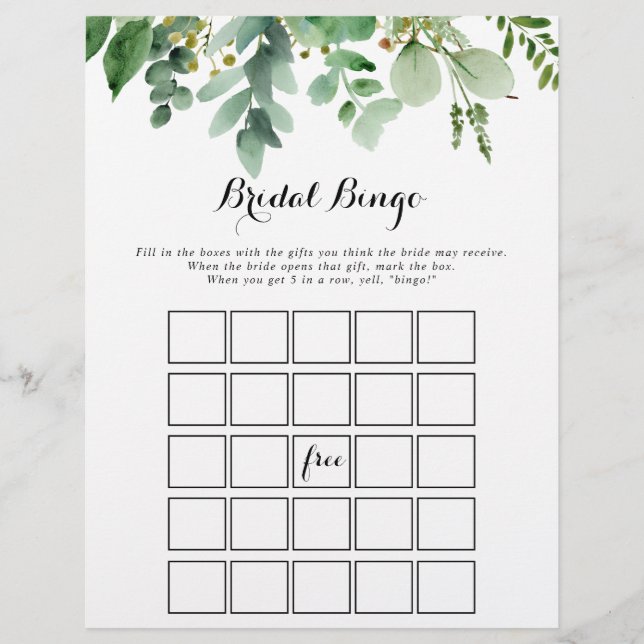 Green Eucalyptus Foliage Bridal Bingo Game (Front)
