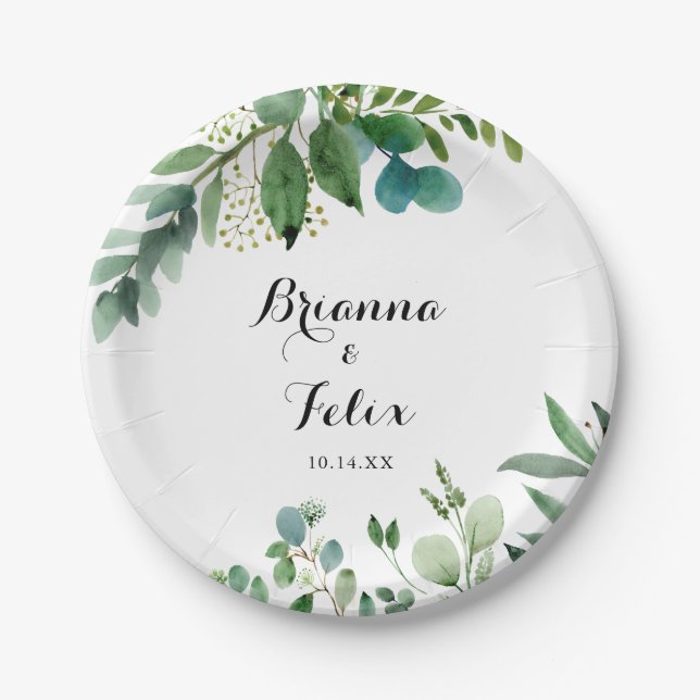 Green Eucalyptus Foliage Calligraphy Wedding Cake Paper Plates (Front)