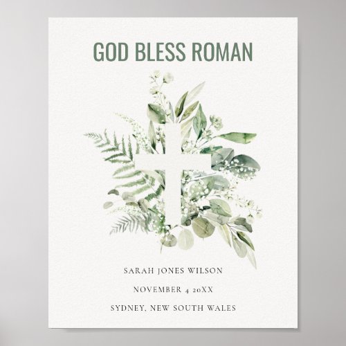 Green Eucalyptus Foliage Cross God Bless Roman Poster