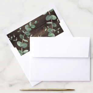 green eucalyptus foliage dark wood rustic elegant envelope liner
