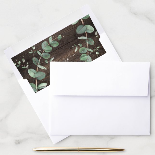 green eucalyptus foliage dark wood rustic elegant envelope liner (Desk)