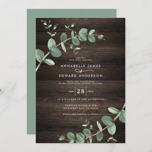 green eucalyptus foliage dark wood rustic elegant invitation