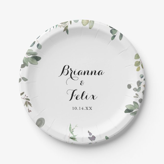 Green Eucalyptus Foliage Delight Wedding Cake Paper Plates (Front)