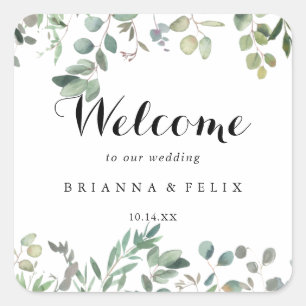 Green Eucalyptus Foliage Delight Wedding Welcome Square Sticker
