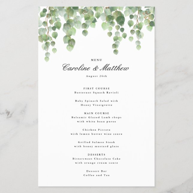 Green Eucalyptus Foliage  Paper Dinner Menu (Front)