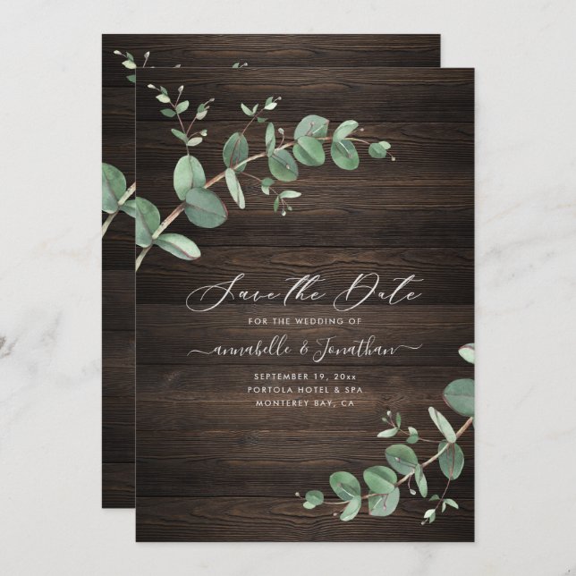 green Eucalyptus foliage rustic dark wood elegant Save The Date (Front/Back)