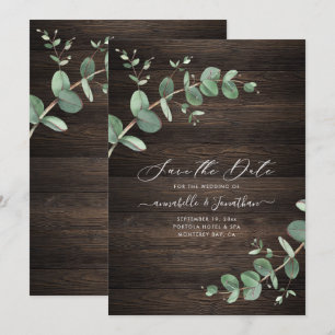 green Eucalyptus foliage rustic dark wood elegant Save The Date