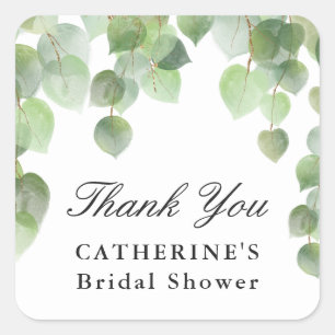 Green Eucalyptus Foliage, Thank You, Favor Square Sticker