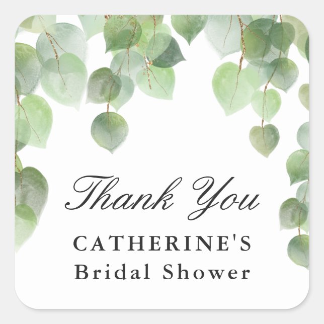 Green Eucalyptus Foliage, Thank You, Favor Square Sticker (Front)
