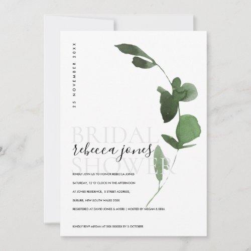 GREEN EUCALYPTUS FOLIAGE WATERCOLOR BRIDAL SHOWER ANNOUNCEMENT