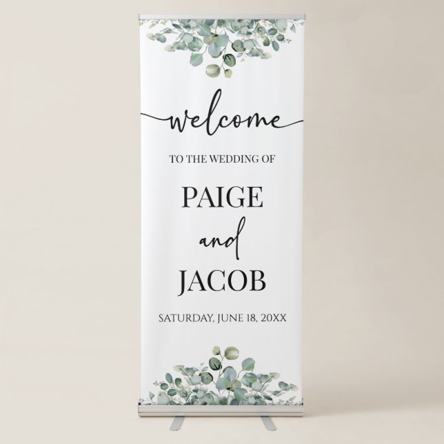Green Eucalyptus Garden Botanical Wedding Welcome Retractable Banner (Front)