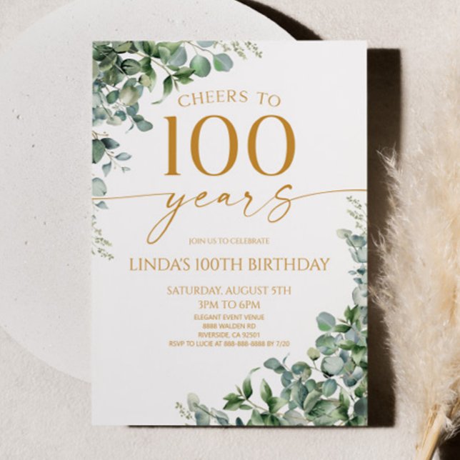 Green Eucalyptus Gold 100th Birthday Party Invitation (Creator Uploaded)