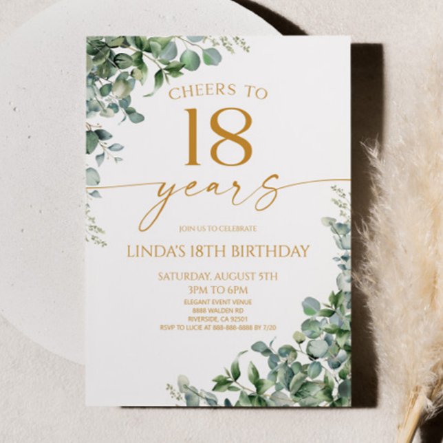 Green Eucalyptus Gold 18th Birthday Party Invitation (Creator Uploaded)
