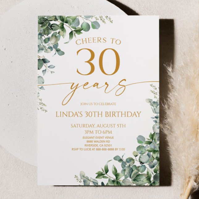 Green Eucalyptus Gold 30th Birthday Party Invitation (Creator Uploaded)