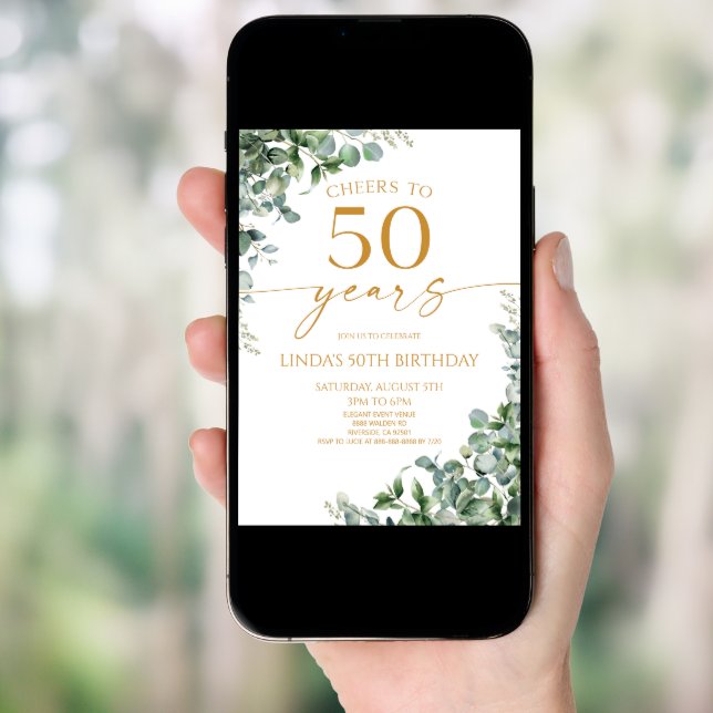 Green Eucalyptus Gold 50th Birthday Party Invitation (Front Digital)