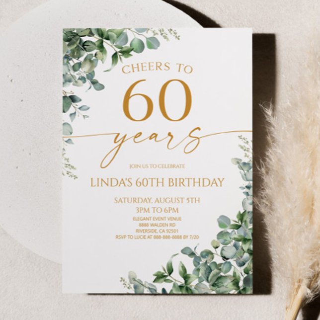 Green Eucalyptus Gold 60th Birthday Party Invitation (Creator Uploaded)