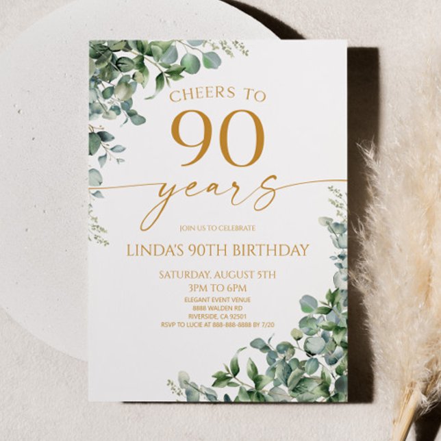 Green Eucalyptus Gold 90th Birthday Party Invitation (Creator Uploaded)