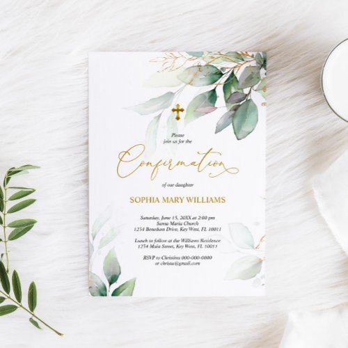 Green Eucalyptus  Gold Confirmation Invitation