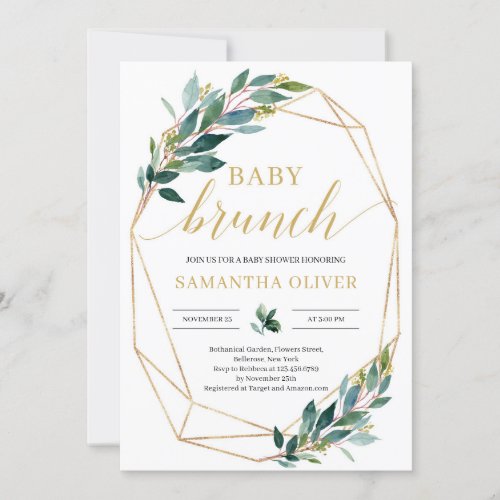 Green eucalyptus gold geometric baby brunch invitation