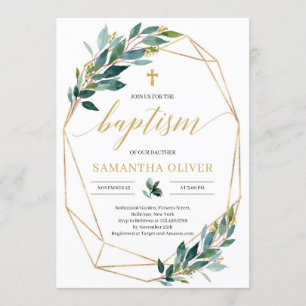 Green eucalyptus gold geometric frame baptism invitation